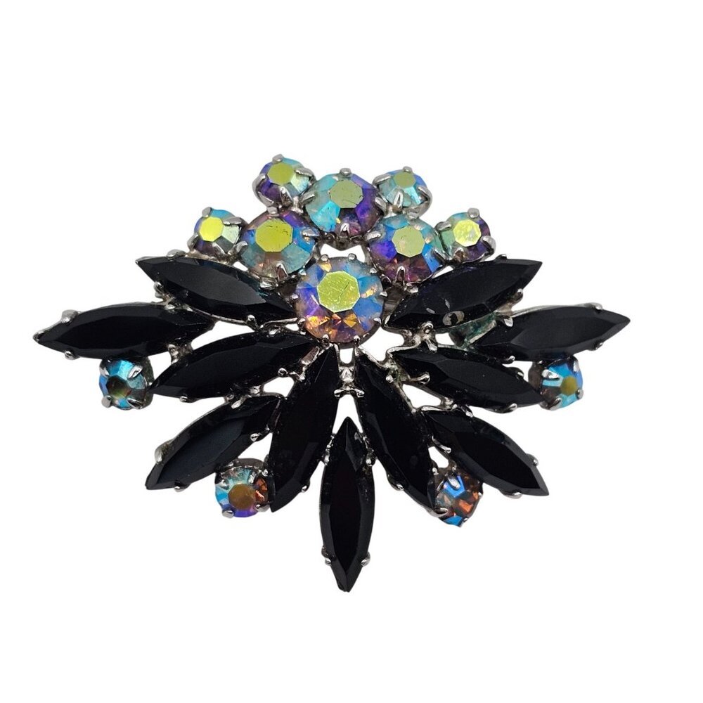 Vtg 1950s Black/AB Rhinestone Floral Spray Brooch Old Hollywood Glam Gift Event